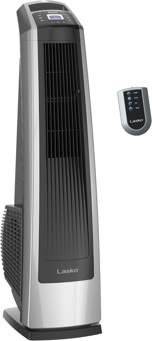 Lasko High Velocity Oscillating Tower Fan - 35" - U35115 - Silver/Black | Remote Control, Quiet Standing Fan for Bedroom, Office, and Home, 3 Speeds, Powerful Cooling Air