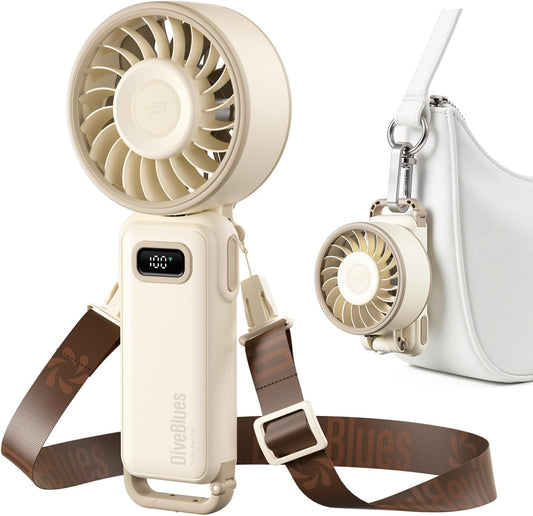 Diveblues Portable Handheld Fan D6036 Cream | 7.4m/s High Speed Turbo, 180° Foldable 4-in-1, Personal Neck Fan with Carabiner Clip, 100 Speed Stepless Control