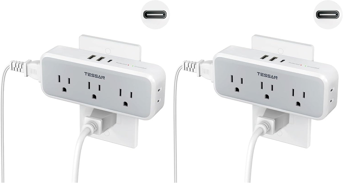 TESSAN Multi Plug Outlet Extender, USB C Wall Charger, Surge Protector,Grey
