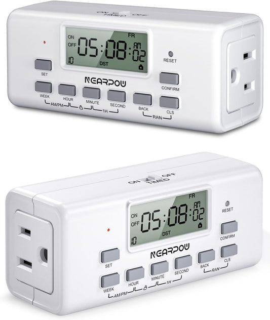 NEARPOW 2-Pack Digital Timer Outlets, Dual 3-Prong, 7-Day Programmable