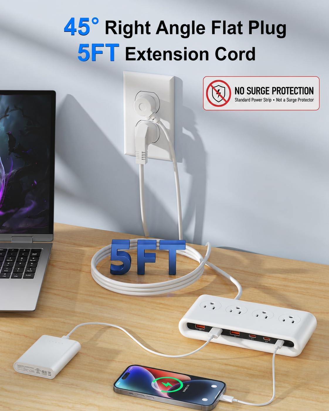 Power Strip with USB C 35W,10-in-1 Flat Plug Wall Charger - 5FT Extension Cord with 4AC, 3 USB A & 3 USB C - PD20W Charging Station for Multiple Devices - Travel Home Office (White)
