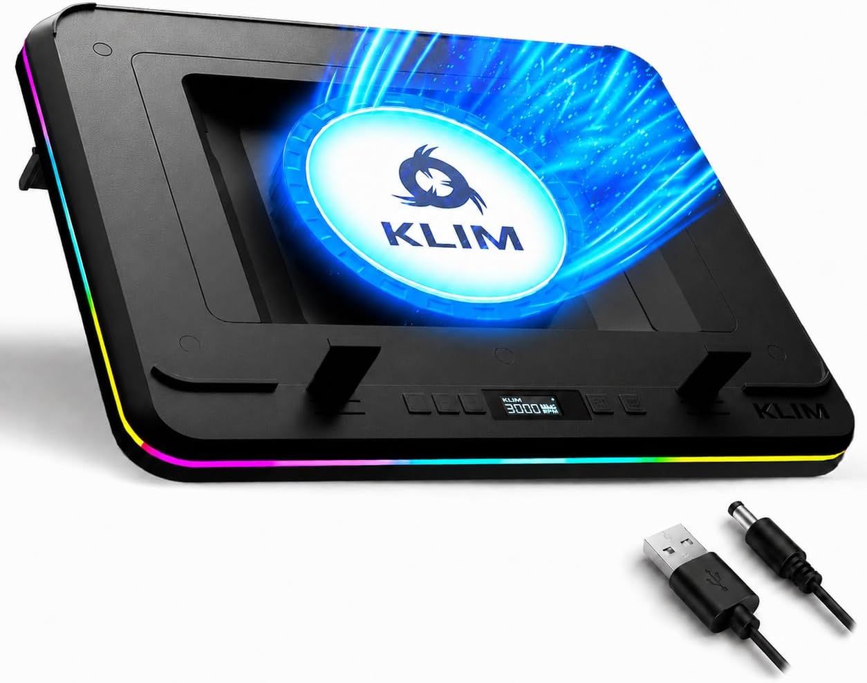 KLIM Turbofrost MAX Gaming Laptop Cooling Pad, Patented TurboFan XL | Smart Inlay for direct airflow, dual USB-C/DC power, 3 extra USB ports, up to 17.3in, LCD, RGB, Adjustable Speed