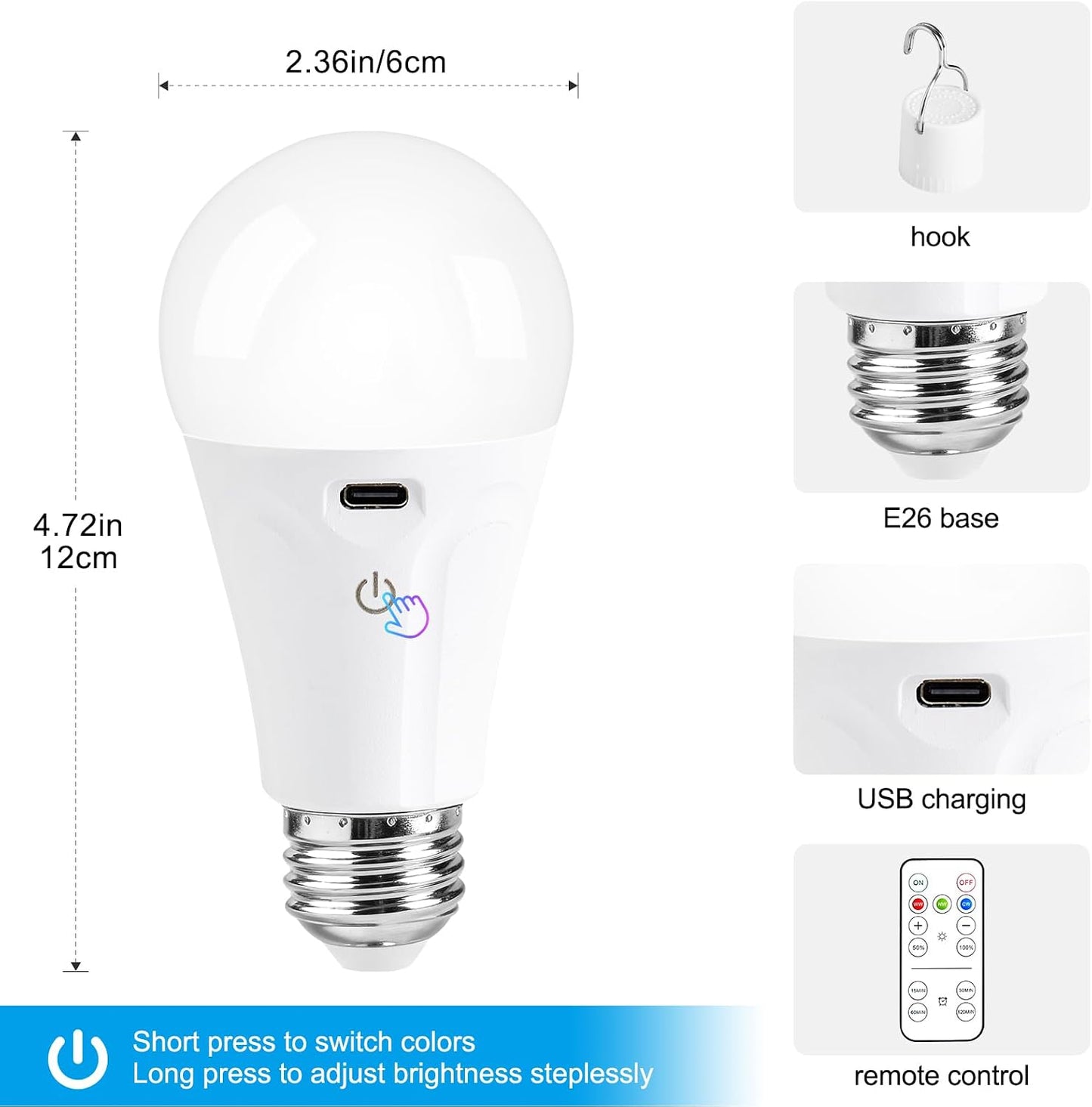 Powfloven E26 Rechargeable Light Bulbs with Remote and USB Charging, 1 Pack | Dimmable Battery Operated Light Bulb, 3 Color Temperatures, 4 Timer, A19 Wireless Light Bulbs for Wall Sconces, Not-Hardwired