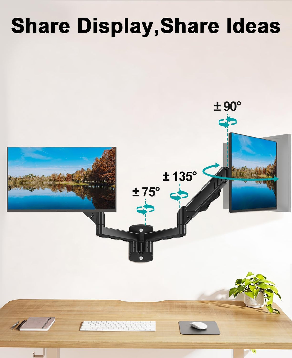 MOUNT PRO Dual Monitor Wall Mount for 2 Computer Screen up to 32 Inch, Gas Spring Double Monitor Arm Holds Up to 19.8lbs Each, Full Motion Adjustable Wall Monitor Mount, VESA Mount 75x75/100x100