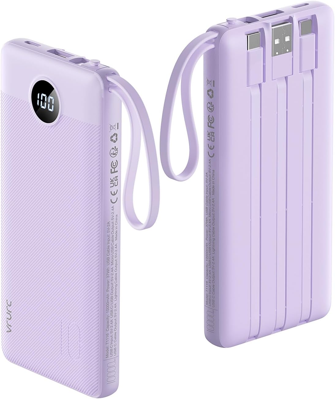 VRURC Portable Charger Power Bank, USB C Battery Pack 10000mAh, Flight-Safe Travel Essentials, 5 Outputs 2 Inputs Slim Phone Charging Bank Built-in Cables for Multi Devices-Lavender(1 Pack)