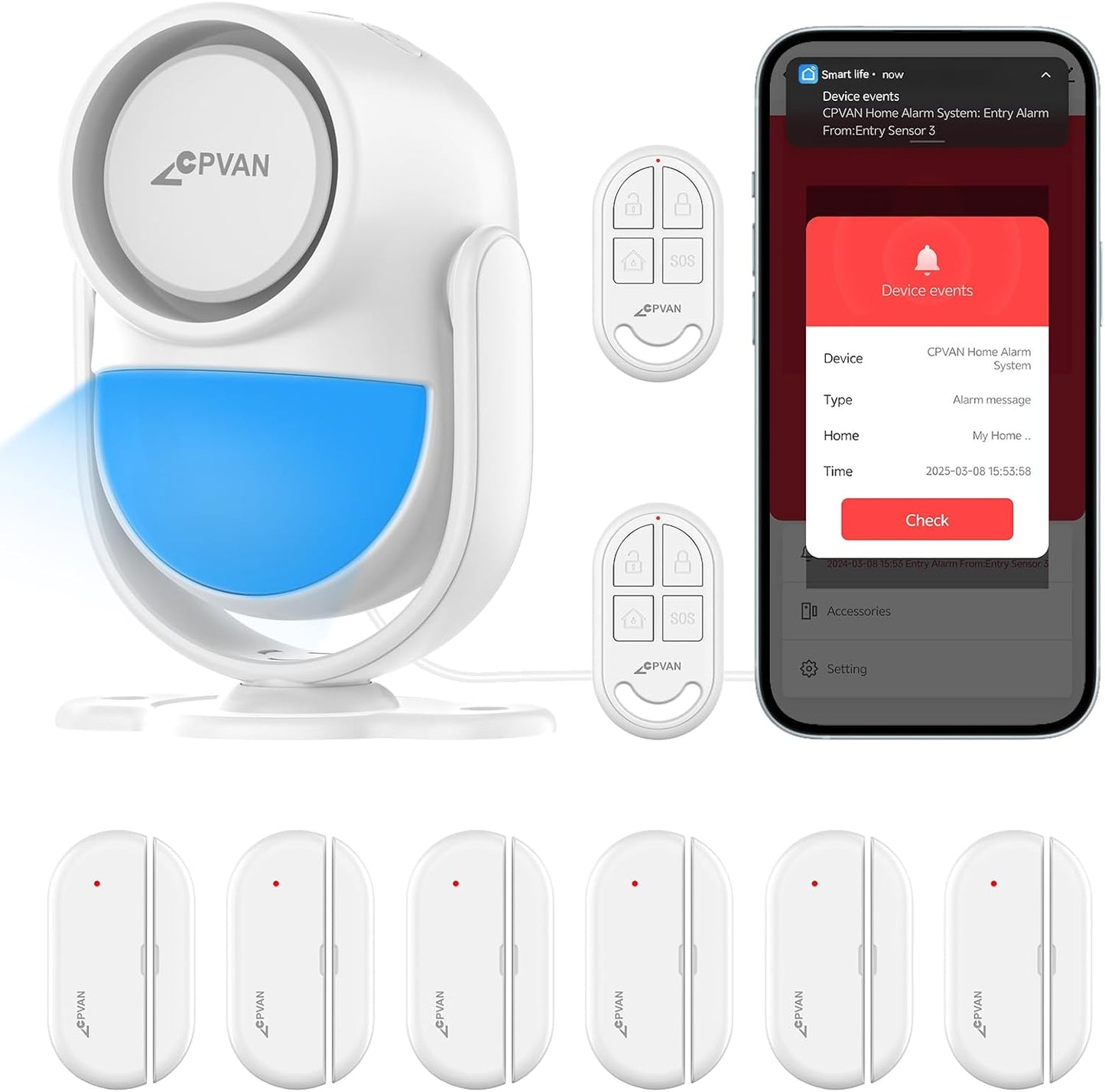 CPVAN Home Alarm System with PIR Motion Sensor, WiFi Wireless DIY Smart Door/Window Alarm for Home Security with Phone APP Alert 9 Pieces-Kit (Indoor PIR Alarm Host, 6 Door Sensors, 2 Remotes)