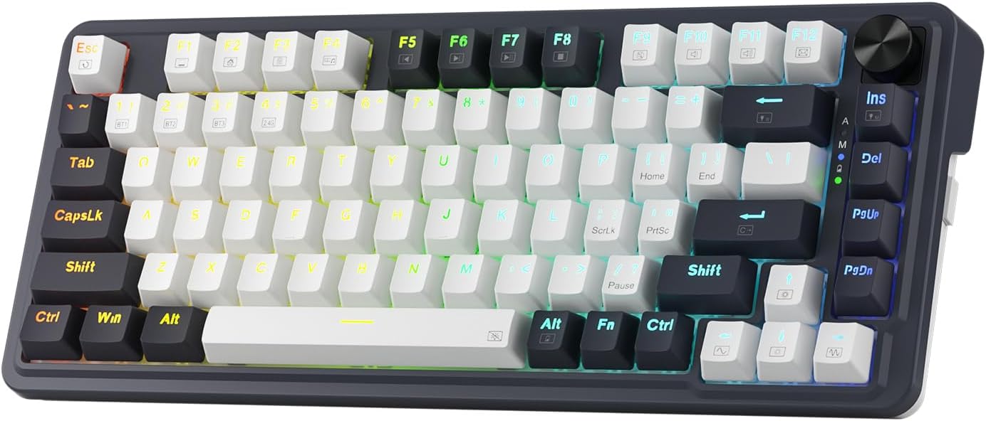 Redragon K673 PRO Wireless 81-Key RGB Gasket Gaming Keyboard, Scroll Knob | Multi-Function Control Wheel, 0-Delay Tri-Mode, Cushioned 5-Layer Noise Dampening for Creamy Thocky Sound, Compact 80% Size