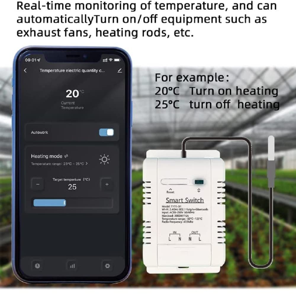 WiFi Temperature Controller Sensor Module, Tuya app Wireless Remote 16A Smart Switch with Energy Consumption Monitoring,Compatible with Alexa Google
