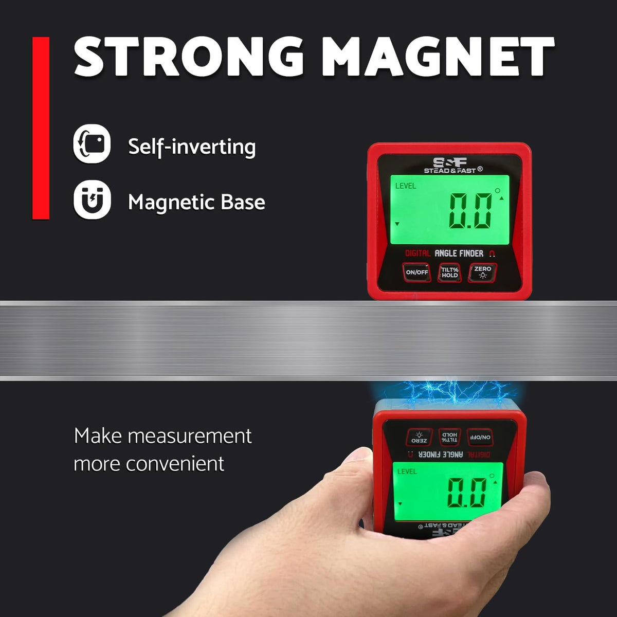 S&F STEAD & FAST Digital Angle Finder Magnetic with Case & Backlit LCD | Self-inverting display, ±0.2° accuracy, Absolute & Relative, Hold & Zero, Auto-off, for Woodworking, Plumbing & Construction