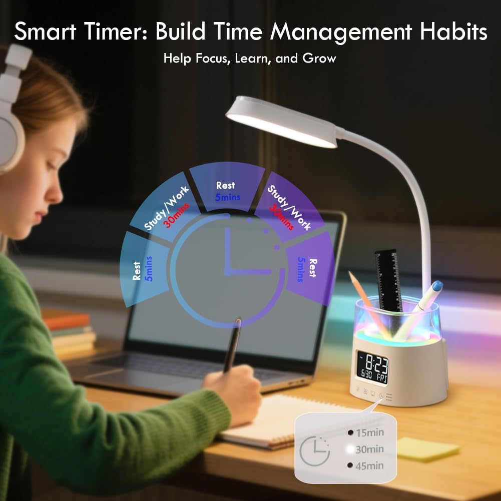 WILIT LED Desk Lamps for Home Office with Pen Holder, Table Lamp for Bedroom with USB Charging Port &amp; Clock, RGB Night Light, Study Lamp for Kids Girls, Desk Light for College Dorm Room Essentials
