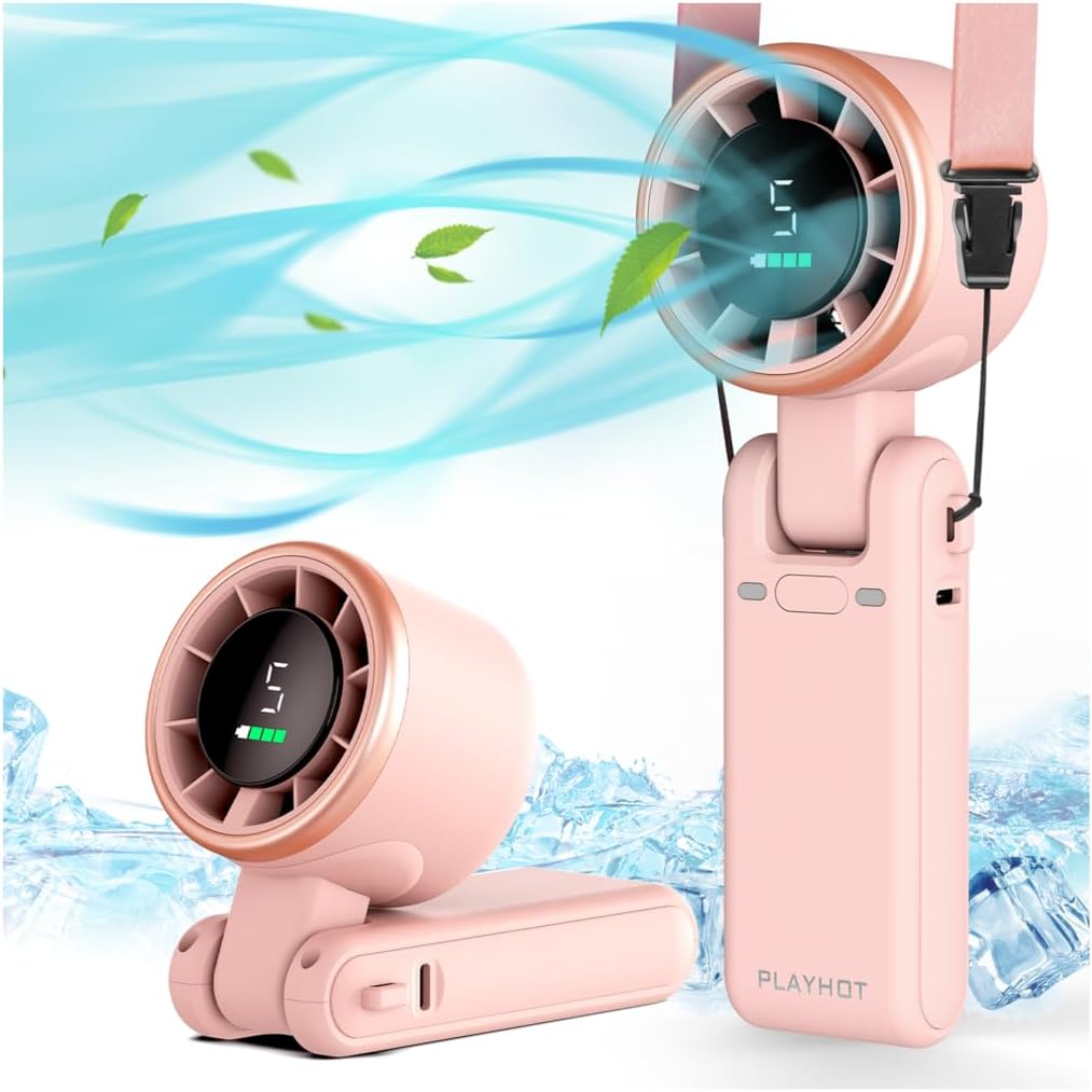 PlayHot Portable Handheld Turbo Fan, Travel Essentials, Gifts for Women/Men | 5-Speed, Up to 12H, 10m/s Airflow, USB-C Rechargeable, LED Display, 3-in-1 Foldable Personal Fan for Cruise, Beach, Vacation