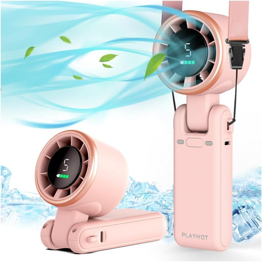 PlayHot Portable Handheld Turbo Fan, Travel Essentials, Gifts for Women/Men | 5-Speed, Up to 12H, 10m/s Airflow, USB-C Rechargeable, LED Display, 3-in-1 Foldable Personal Fan for Cruise, Beach, Vacation