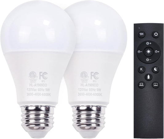 Gupuzm A19 LED Remote Control Bulbs, 800LM 9W, Equivalent to 60W Bulbs, Dimmable Bulb with Remote Control 3000K-6000K, E26 Base, CRI 80+,2.4GHz, Lifespan Over 25,000 Hours (9W-1 Remote-2 Bulb)