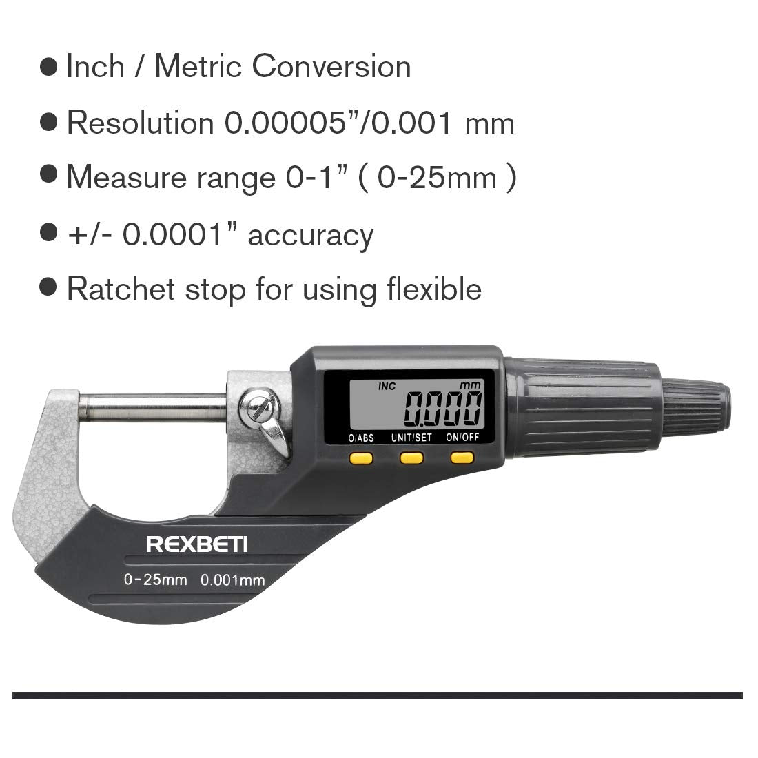 REXBETI Outside Micrometer, Ultra-Precision Carbide Tipped Measuring Tool | Digital Micrometer, Professional Inch/Metric, 0.00005"/0.001 mm Resolution Thickness Gauge, Protective Case, Extra Battery