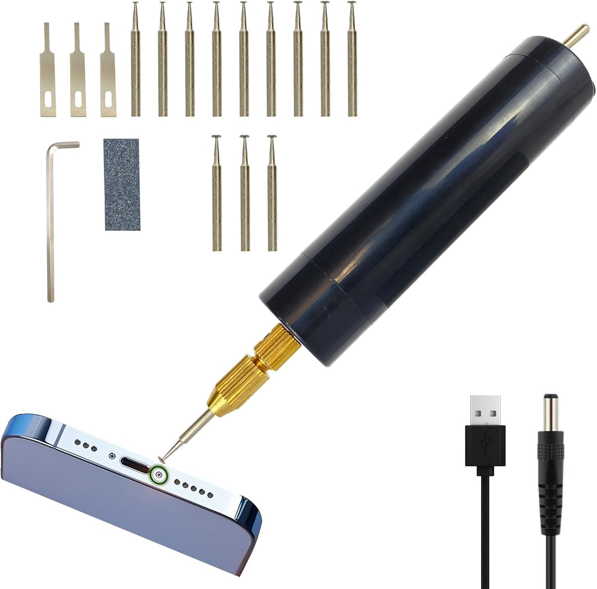 Damaged Screw Removal for Cell Phone Rechargeable Broken Screw Extractor Kit for iPhone Cell Phone Repair Tool 4 Size Grinding Heads Portable Screw Extractor for Laptop/Pad Electronic Products