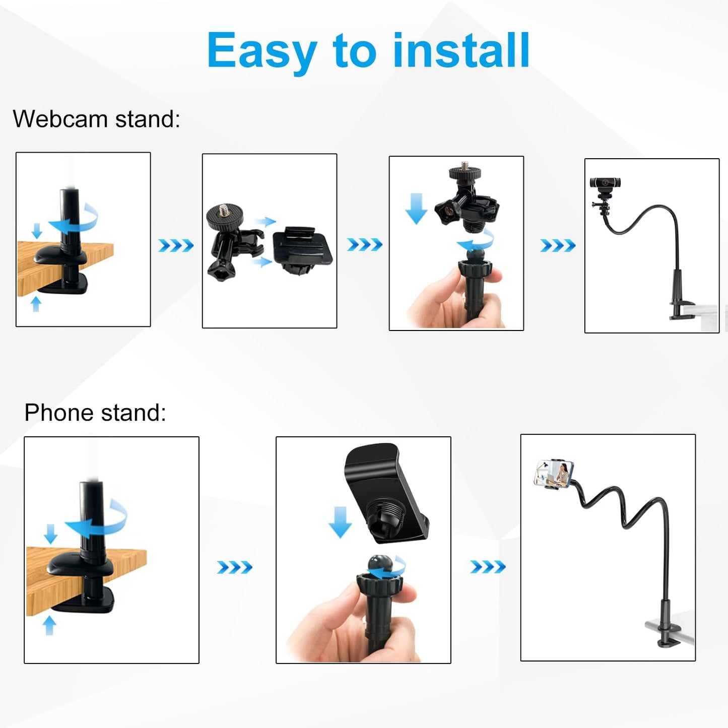 Webcam Stand for Desk, Flexible Gooseneck Webcam Mount Holder Arm with Phone Holder, Web Cam Stand Computer Camera Desk Mount for Logitech C922 C930e C920S C920 C615 C960 C920x BRIO 4K NexiGo N60