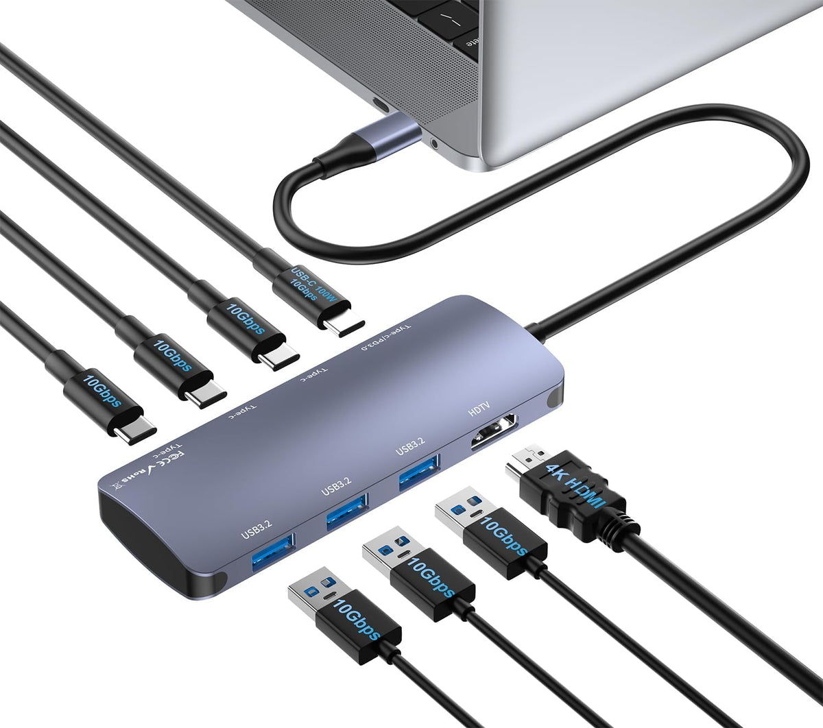 USB C Hub 8 in 1, 4 USB-C+3 USB-A 3.2 10Gbps, 4K60Hz HDMI, 100W PD for Mac