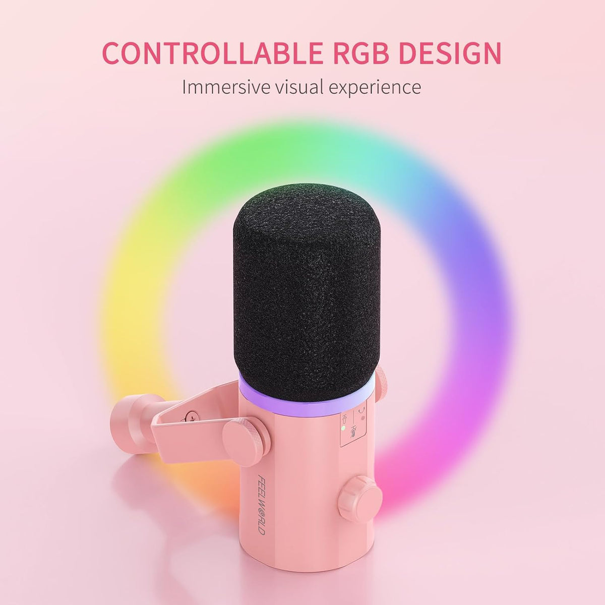 FEELWORLD PM1 Pink XLR USB Metal Podcast Dynamic Microphone with Boom Arm | PC Computer Gaming Streaming Mic with RGB Light, Studio Vocal Mic for Singing Recording Gifts, Mute Button, Headphones Jack
