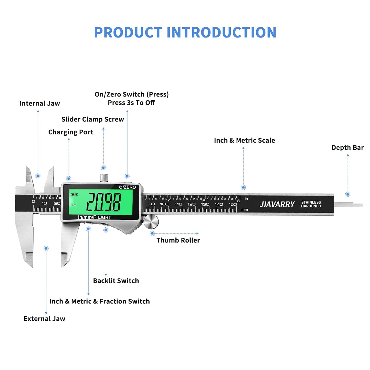 Digital Caliper, Rechargeable Calipers Measuring Tool with Large LCD Backlight Screen, 6 Inch Stainless Steel Vernier Micrometer, Auto-Off, Easy Switch from Inch Metric Fraction for DIY/Household