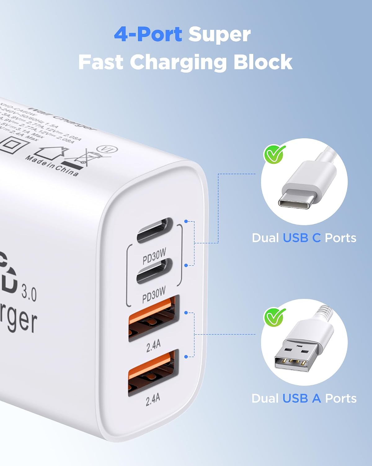 60W USB C Charger,2Pack 10FT iPhone 17 Pro Max Charger Fast Charging,4Port USB-A USBC Charger Block with 10ft USB C Cable Cord for Apple iPhone 17 Pro Max/17 Air/16 Pro Max/15 Plus/16/iPad,AirPods