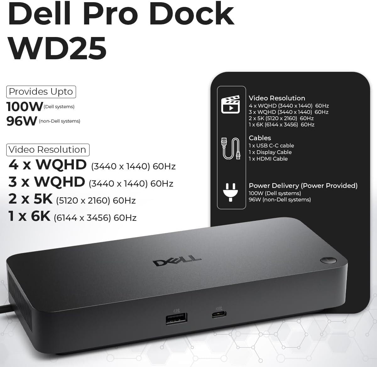 Dell Pro Dock WD25 USB-C Docking Station – 100W Power, Dual 4K Display Support, Includes Anyhdd HDMI, DisplayPort and C to C Cable, 3 Year Warranty