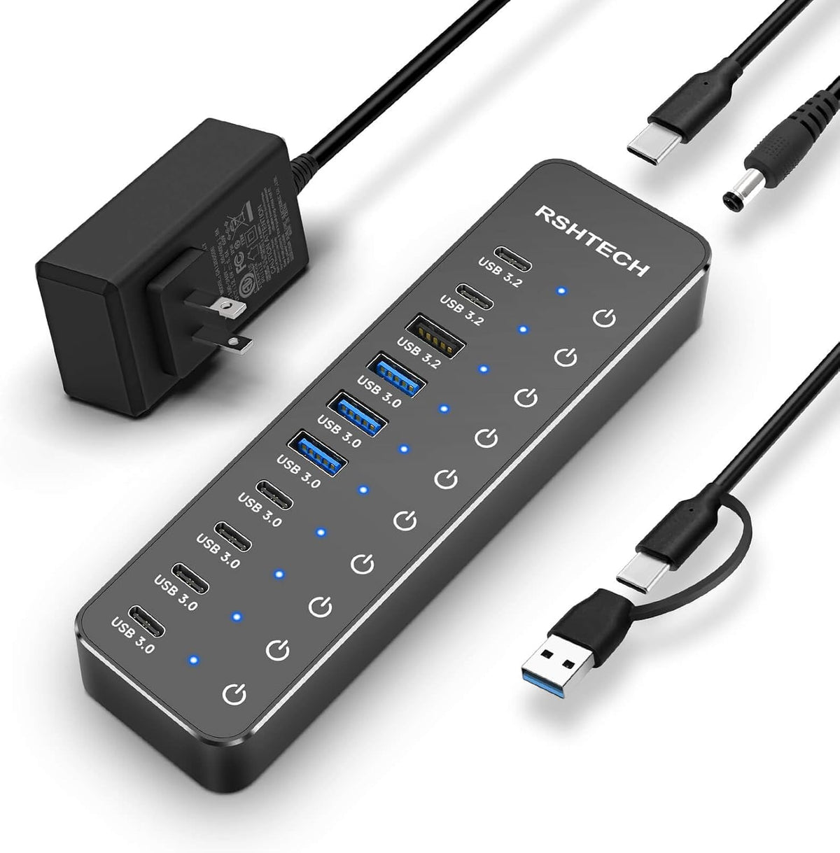 RSHTECH 10-Port Powered USB 3.2/USB C Data Hub Splitter 60W, RSH-ST10C-6