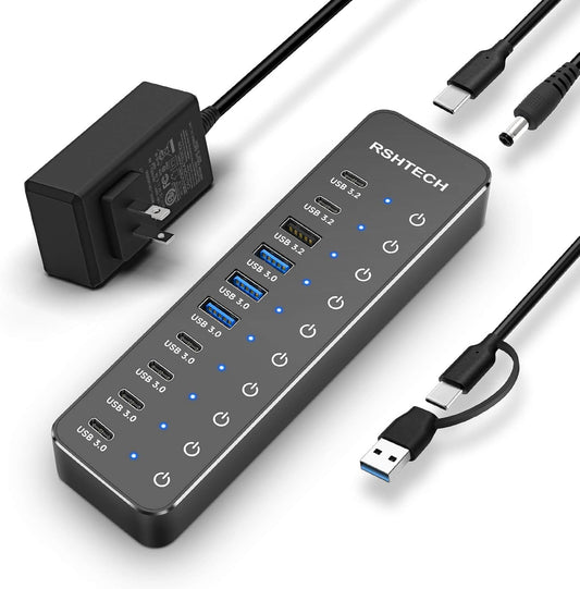 RSHTECH 10-Port Powered USB 3.2/USB C Data Hub Splitter 60W, RSH-ST10C-6
