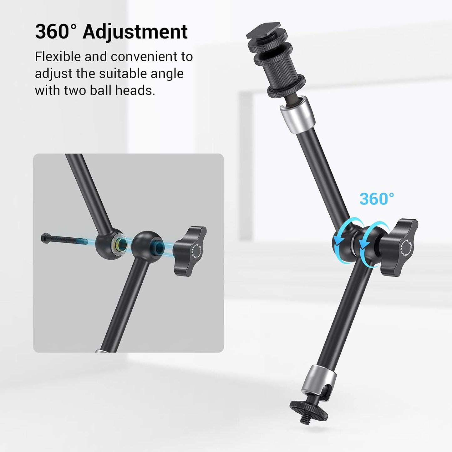 SMALLRIG 11'' Articulating Magic Arm and Clamp w/ 1/4" and 3/8" Thread, Adjustable Friction Power Camera Mount with Cold Shoe Mount for Monitor, LED Lights, Mic, for DJI/Insta360 Action Cameras - 3726