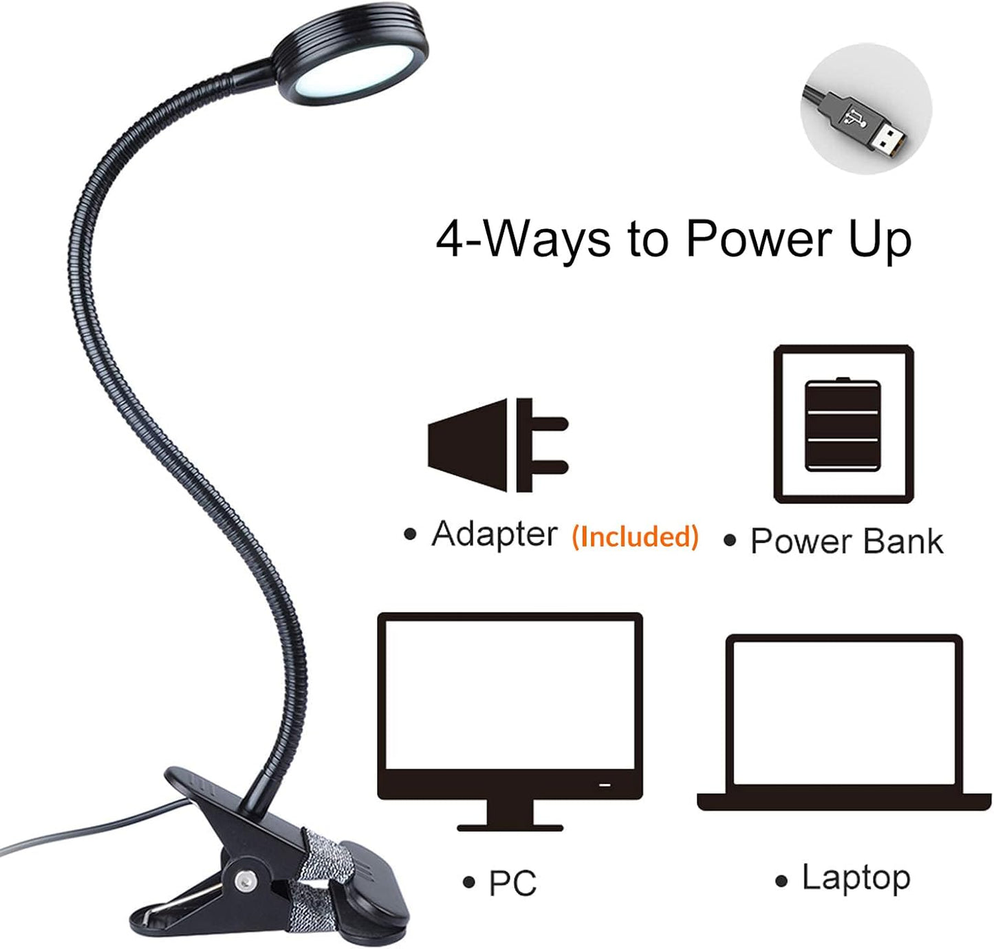 LEPOWER Clip on Light, Book Reading Lamp for Desk, Bed Headboard and Dorm | Adjustable Gooseneck, Color & Brightness Changeable, Adapter Included, LED Table Lamp for Computer, Bedside, Metal, Black
