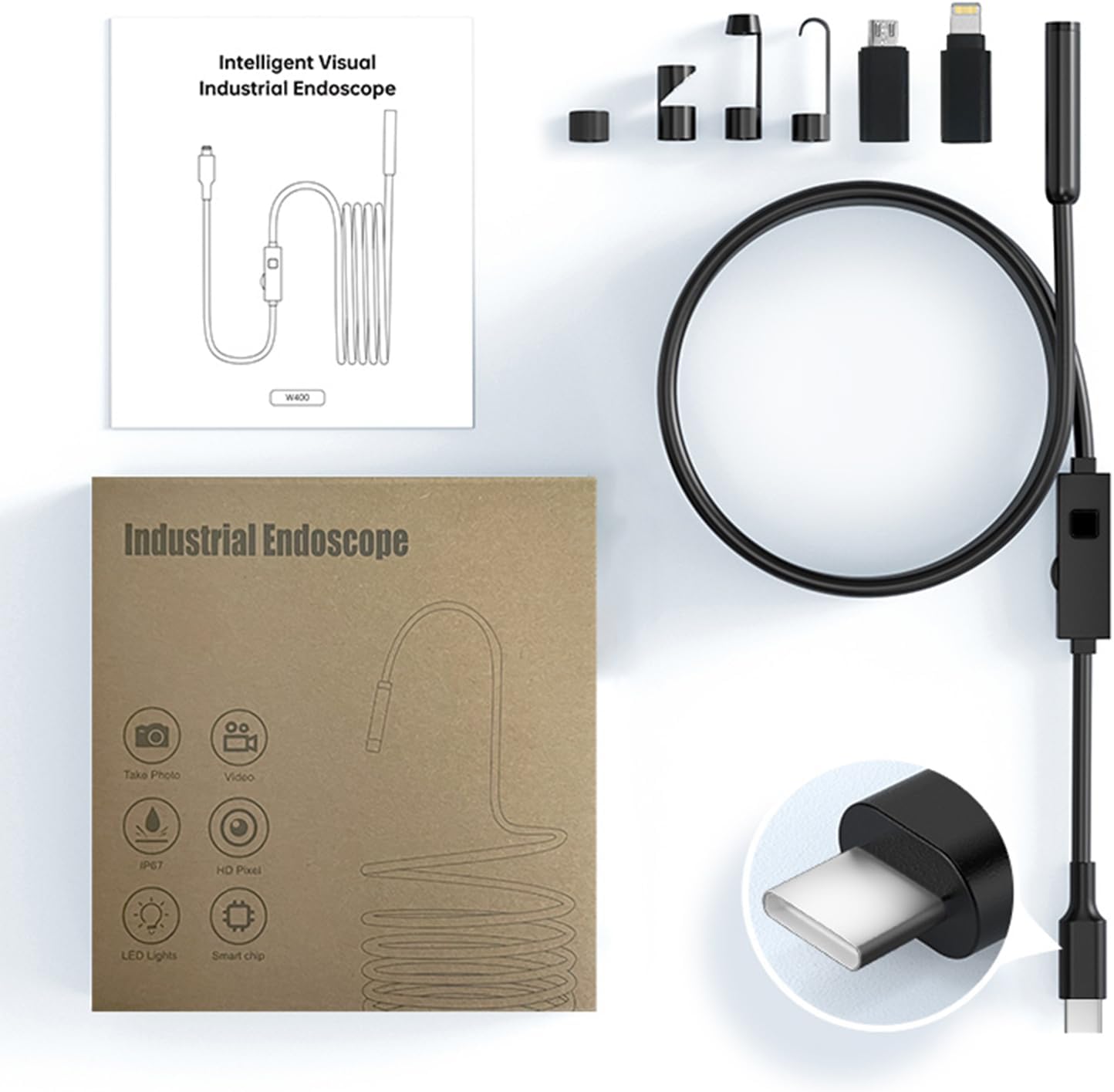 1920P HD Dual Lens Endoscope Camera Semi-Rigid Snake Cable IP67 Waterproof 8LED Lights Dimmable HD Industrial Pipeline Inspection Probe Compatible with Smartphones Endoscope Camera (9.9ft)