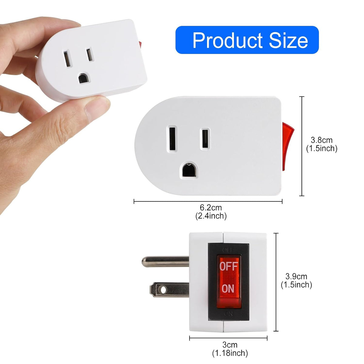 VSEER Grounded Outlet with ON Off Switch, Single Power Adapter Outlet Switch 15A 1875W/3 Prong Plug Switch in White, ETL Listed (White, 4 Pack)