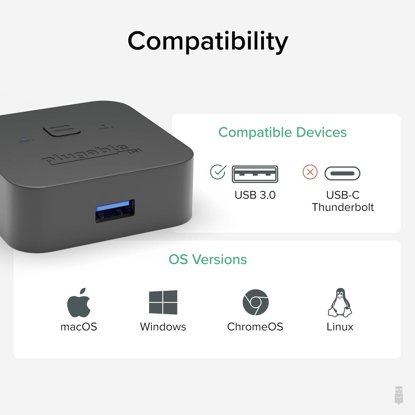Plugable USB 3.0 Sharing Switch, One-Button USB A Switch to Share Devices Between 2 Computers | KVM Switch for Keyboards, Docking Stations & More