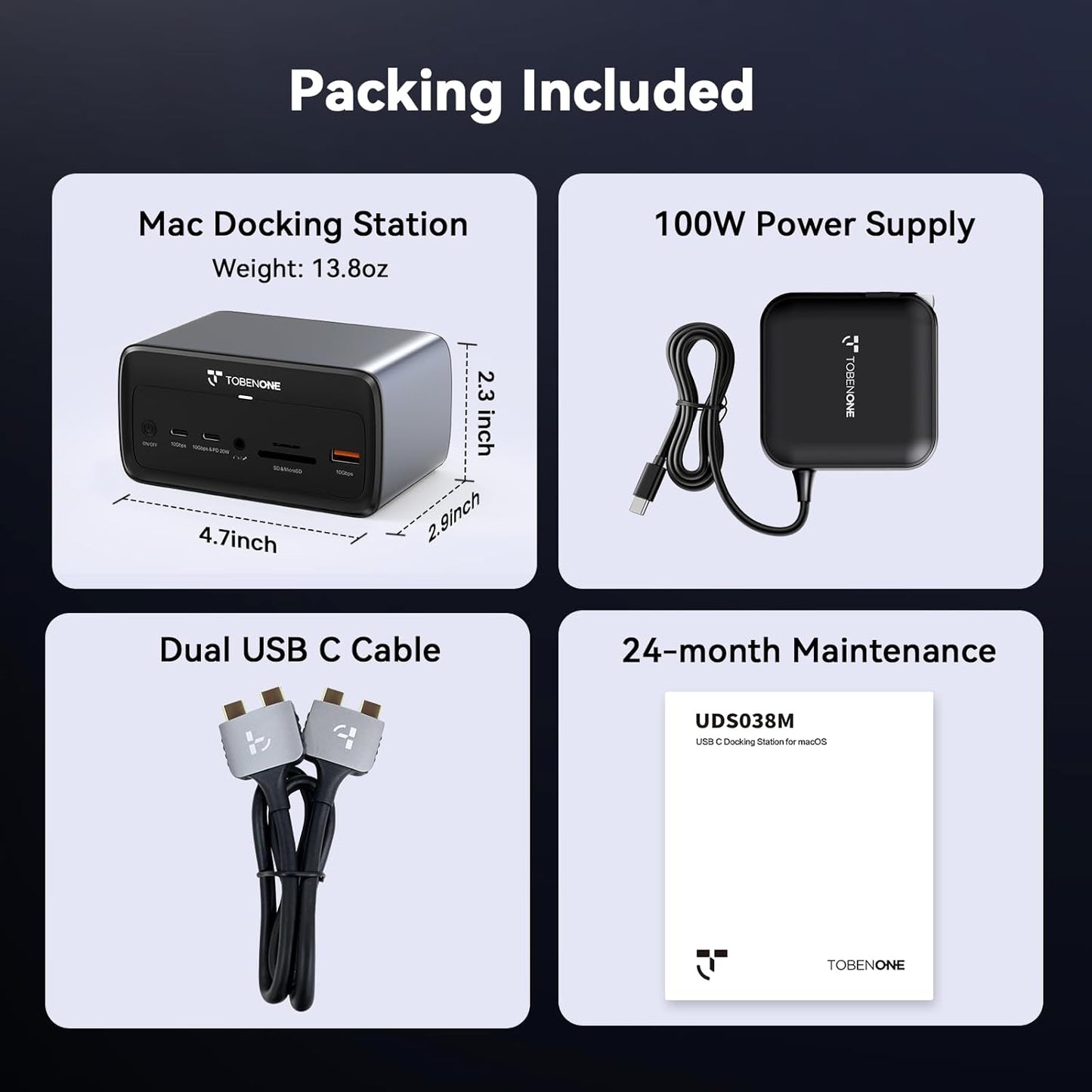 TobenONE MacBook Docking Station Dual 4K@60Hz,7USB,2.5Gbps Ethernet | 2 HDMI, 100W Power Supply,20W Charging for Phone,Plug&Play, for Professionals, Software Developers, MacBook Pro/Air Owners