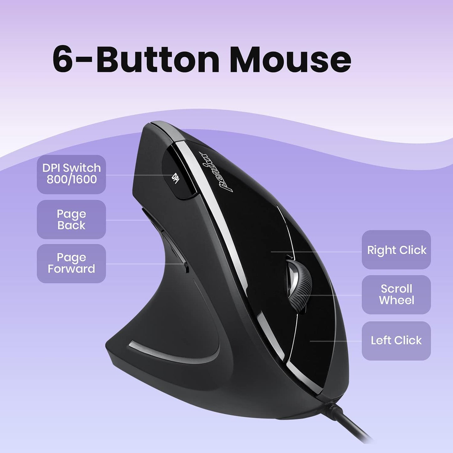 Perixx Perimice-513L Wired Vertical Ergonomic Mouse with 2 DPI, 6 Button Optical Ergo Mouse with 2 Level DPI Switch 1000 1600, Left Handed, Black