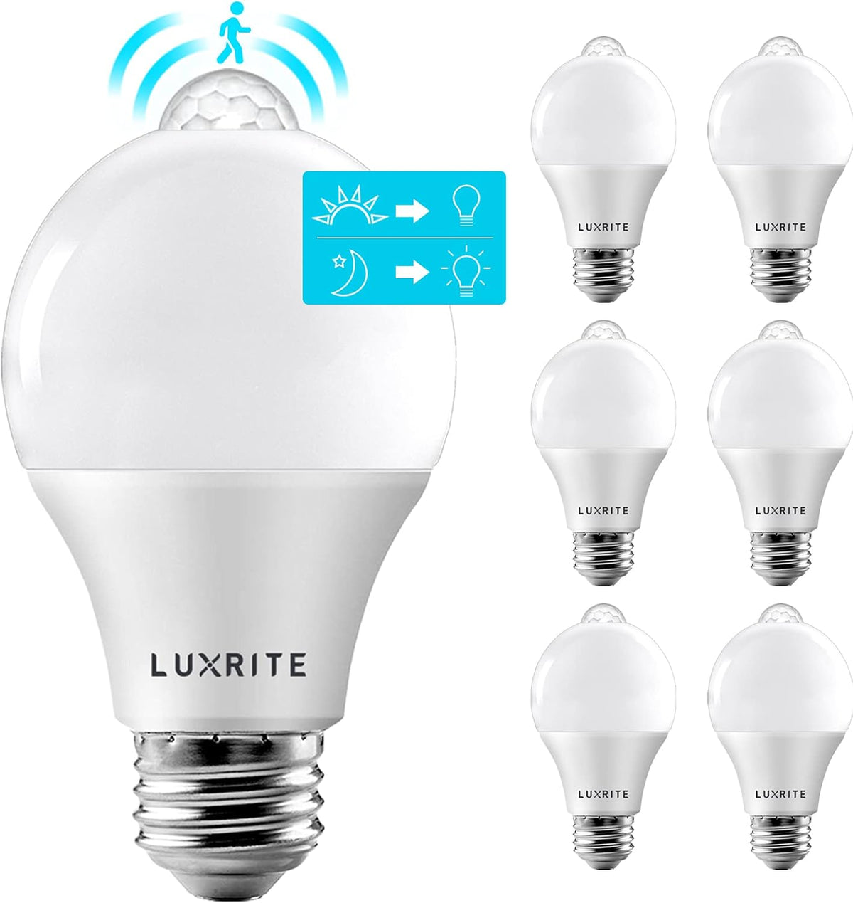 LUXRITE A19 LED Motion Sensor Light Bulbs, 60W Equivalent, 3000K (2 Pack)