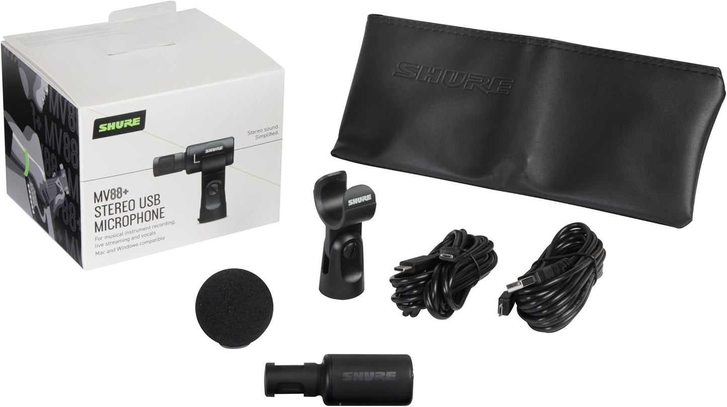 Shure MV88+ Stereo USB Microphone - Condenser Microphone for Streaming and Recording Vocals & Instruments, Mac & Windows Compatible, Real-Time Headphone Monitoring Output, Travel Friendly - Black