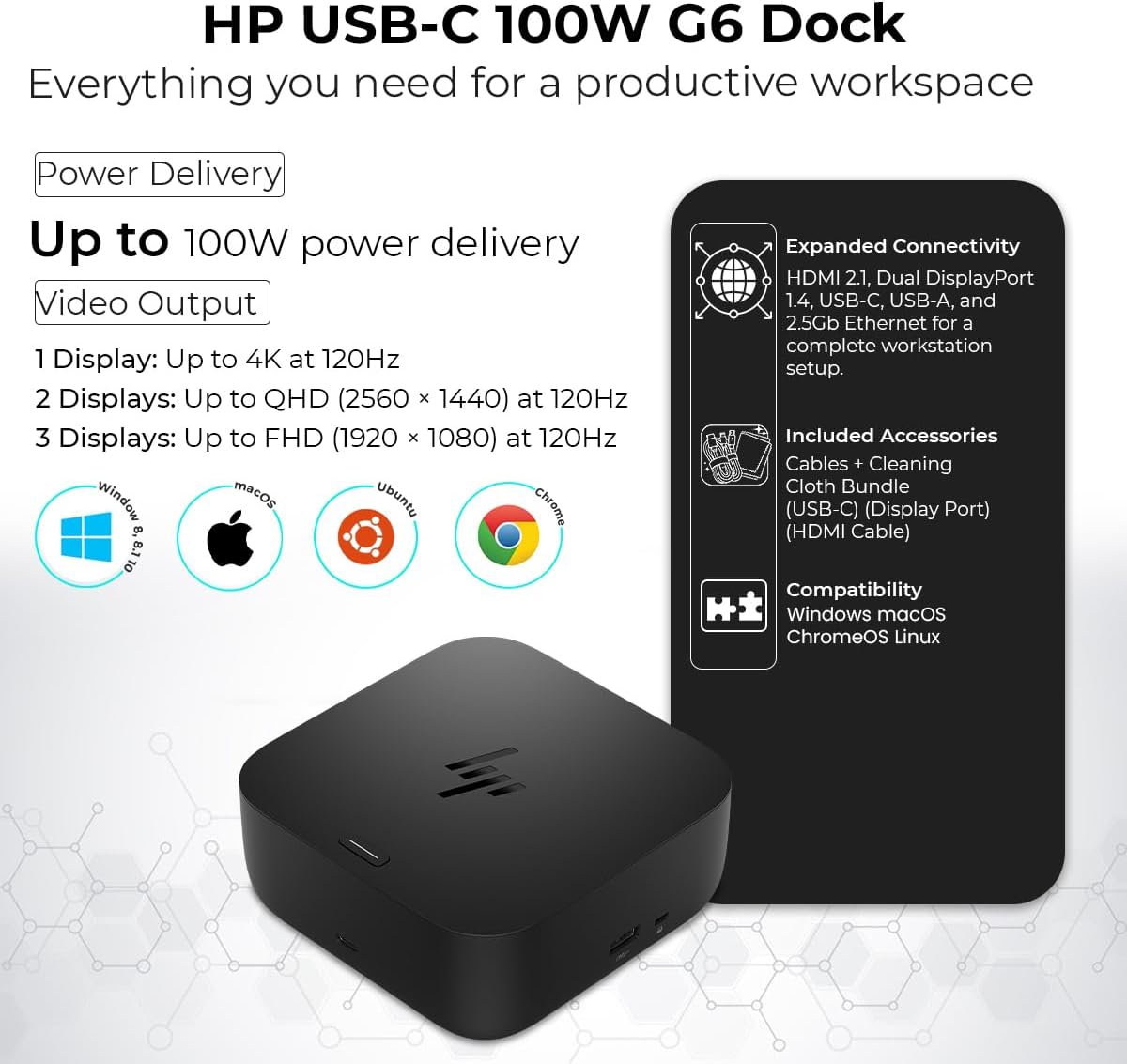 HP USB-C G6 100W Docking Station with HDMI, DisplayPort & USB Ports