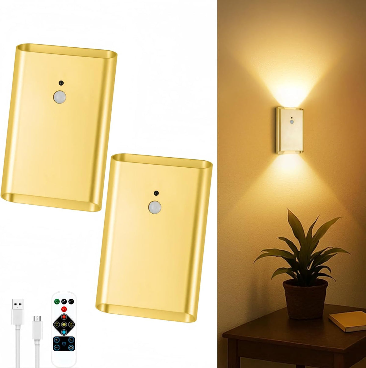 Eneru Motion Sensor Wall Sconce, Rechargeable Wireless Lights Indoor 2 Pack