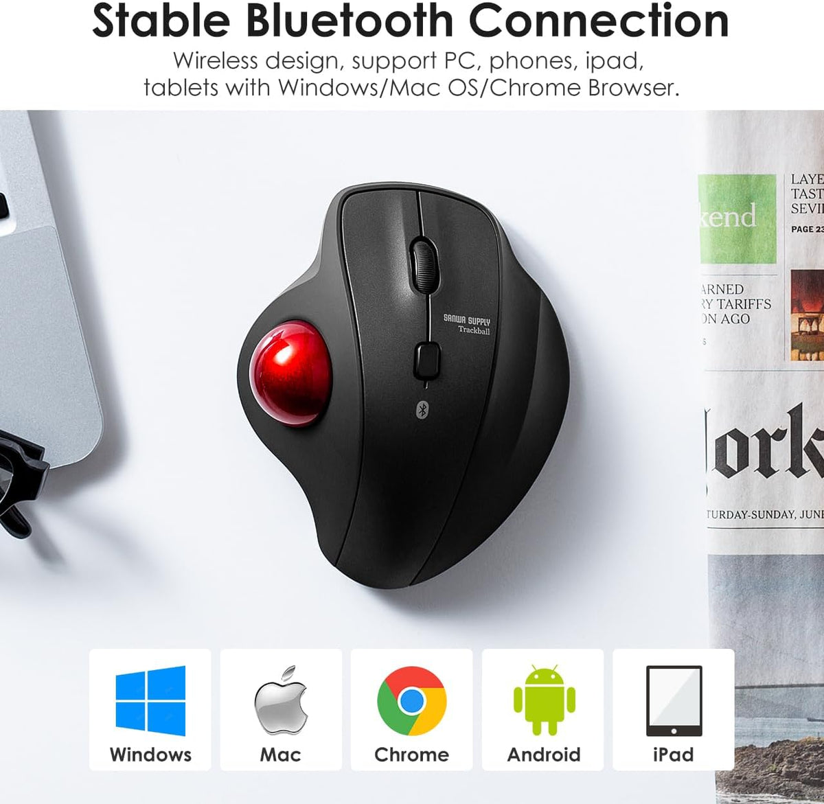 SANWA Bluetooth Trackball Mouse, Wireless Silent Click Roller Ball Mouse, Programmable with Software, 600/800/1200/1600 DPI, Precise Thumb Control, Compatible with Win, Mac, Laptop, PC - Red Ball