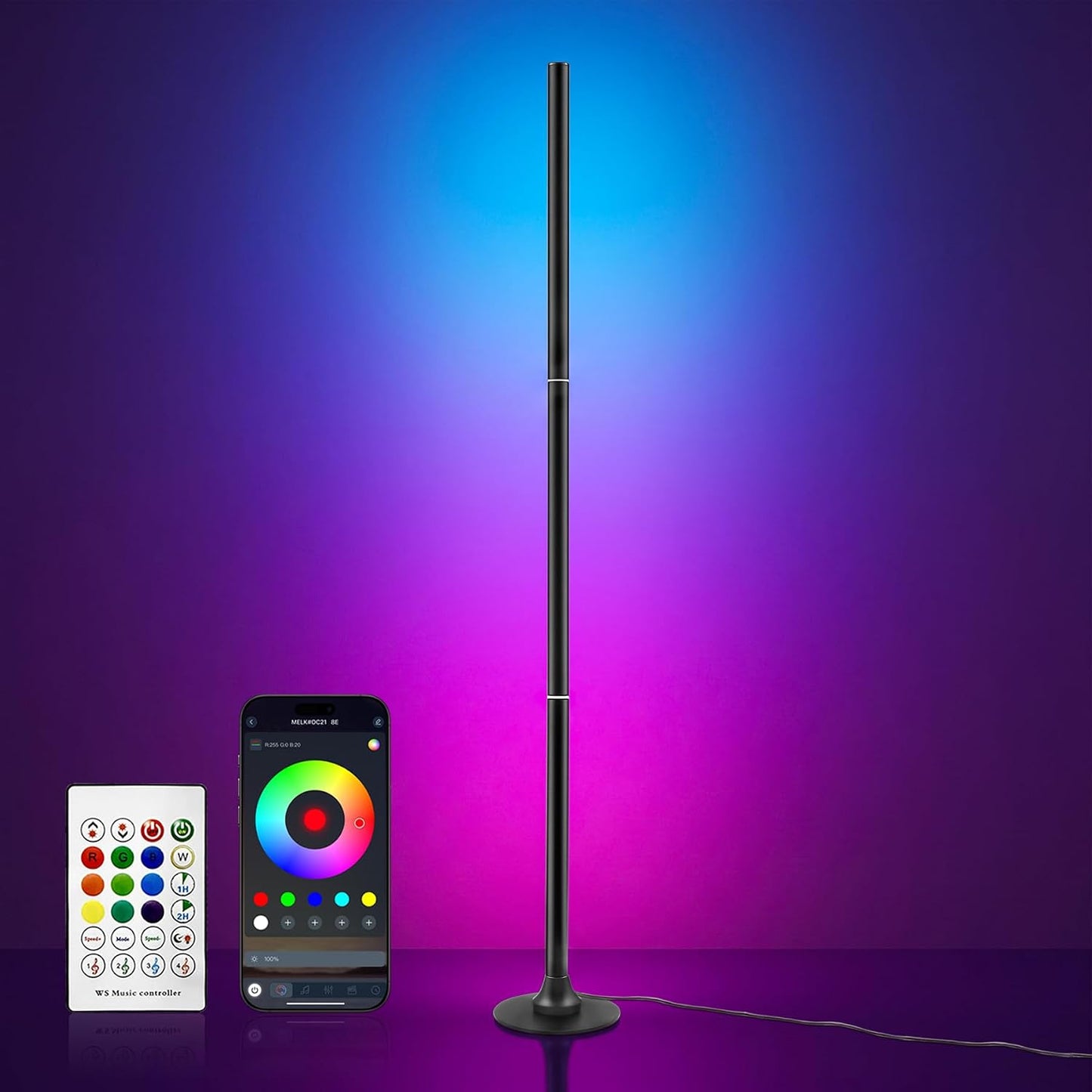 Corner Floor Lamp with Remote & App Control,RGB Color Changing LED Floor Lamp with Music Sync,16 Million Colors & 100+ Scene Modes,Dimmable Ambient Light for Living Room Gaming Room,USB Powered