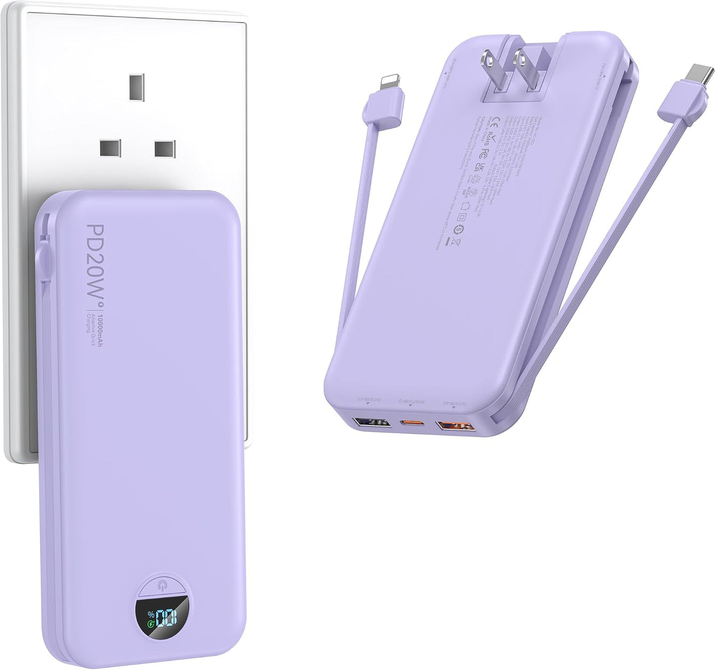Ffnpua Portable Charger Power Bank 10000mAh PD20W w/Built-in Cables | Portable Phone Charger,Fast charging,Built in wall plug,LED display,Charge 5 devices at once,Pass through charging