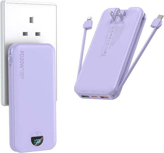 Ffnpua Portable Charger Power Bank 10000mAh PD20W w/Built-in Cables | Portable Phone Charger,Fast charging,Built in wall plug,LED display,Charge 5 devices at once,Pass through charging