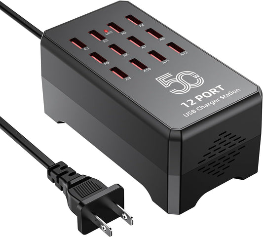 50W 12-Port USB Charging Station for Multiple Devices,Portable USB Charging Hub Compatible with iPhone, Android,Tablet and More-Compact Charger Block for Home, Office & Entrepreneur