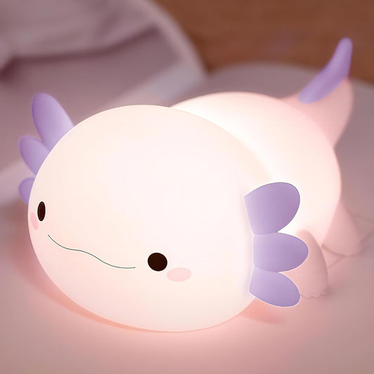 Purple Axolotl Night Light for Kids, Squishy Silicone Nursery Lamp | Touch Control, 24-Hour Battery, 20-Min Timer, 3000K Warm LED, BPA-Free Silicone, Baby Nursery Decor, Gift for Kids