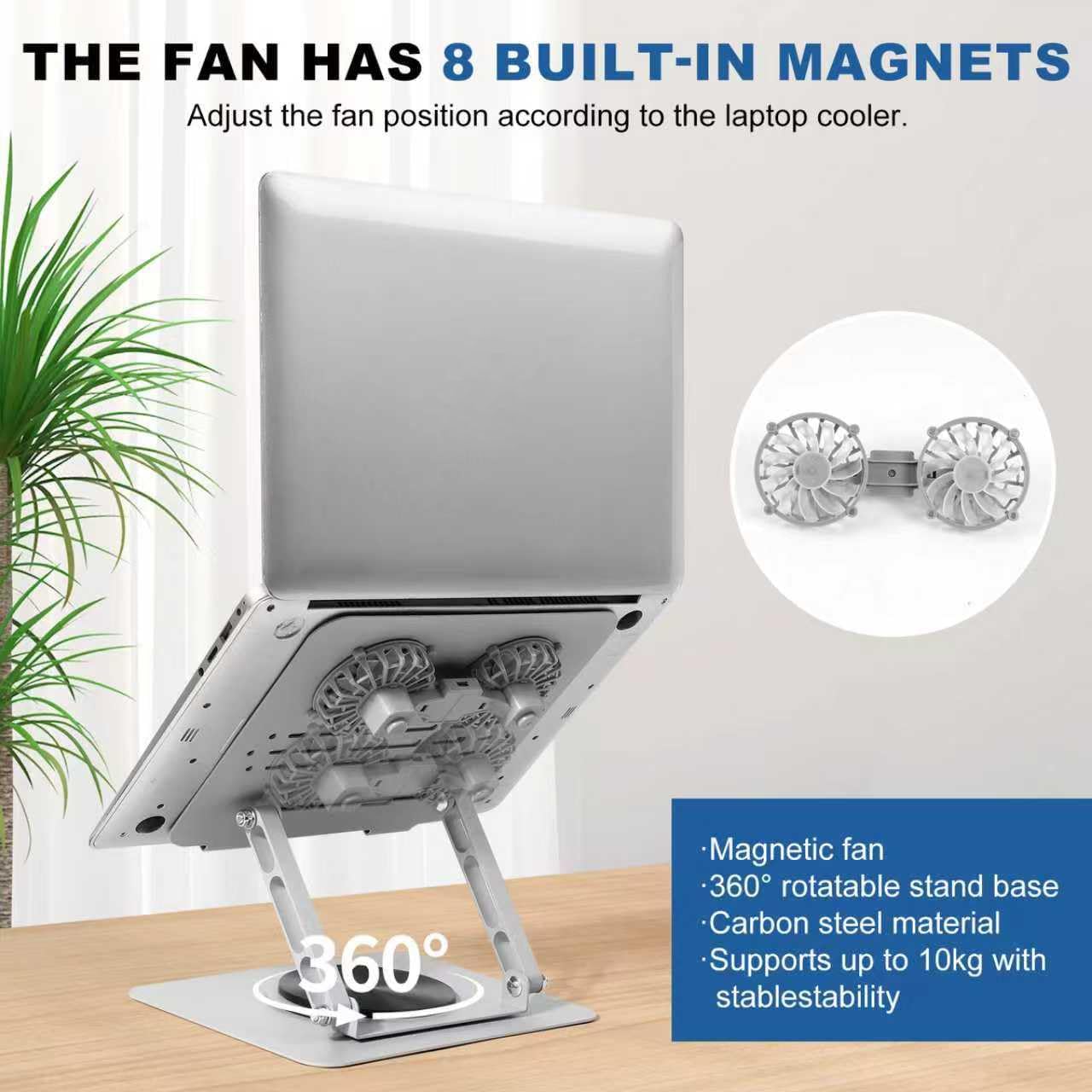 Laptop Cooling Stand with 2 Detachable Fans, 360° Rotating Adjustable Laptop Stand, Carbon Steel Ergonomic Laptop Riser, Anti-Slip Base for 10-17.3" Notebook MacBook, Office Home Gaming