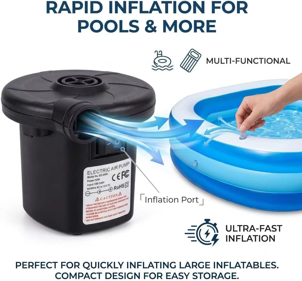 Portable Air Pump with 3 Nozzles,5kPa for Inflatables Mattress Pool Floats Toy Water Raft Bed Boat Pool Toy with 110 US Adaptor and Car-Powered 12v-DC