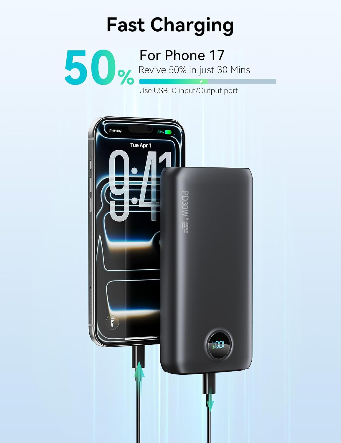 DIAMUAR Portable Charger 30000mAh, 30W USB C Fast Charging, 3W Flashlight | High Speed, Digital Display, Power for Days, 3 Outputs, USB-A 22.5W, Multi Shield, for iPhone 17/16, Pad, Camping Essentials