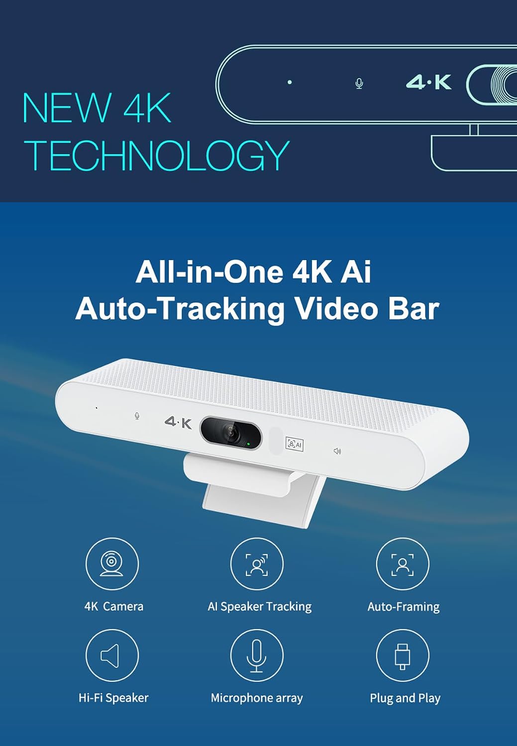 Conference Room Camera, All-in-One 4K Webcam with Microphone and Speaker, AI Tracking and Auto Framing, Wide Angle of View, Plug and Play USB Webcam for PC, Mac, Meetings, Teams, Zoom & Webex (White)