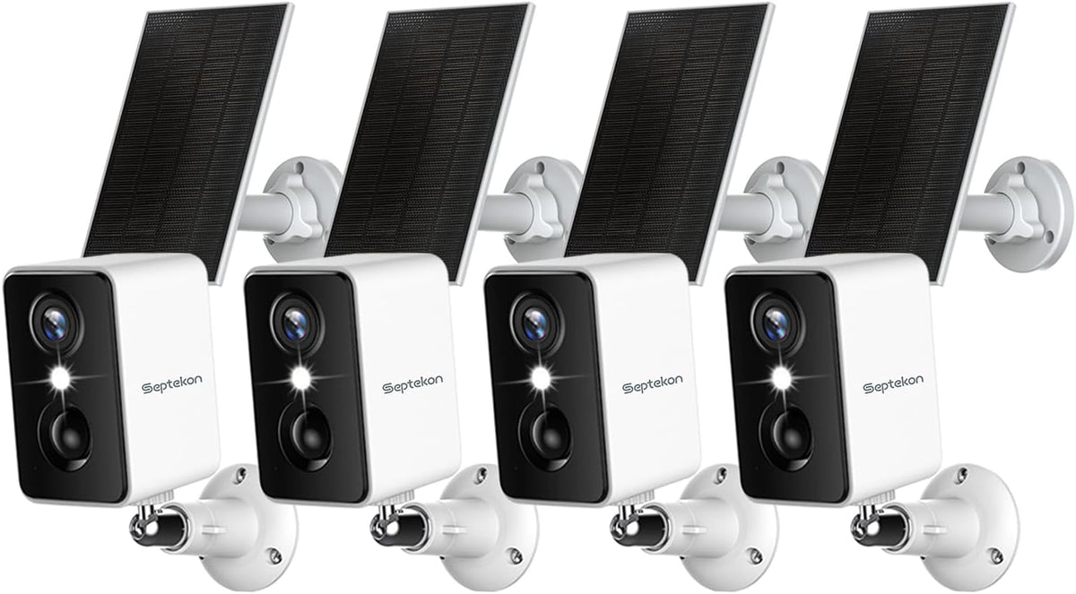 Septekon 2K Security Cameras Wireless Outdoor 4 Pack, Solar Battery Powered Camera with Two Spotlights, PIR Motion Detection Siren, Color Night Vision, 2-Way Audio, IP66 Waterpoof