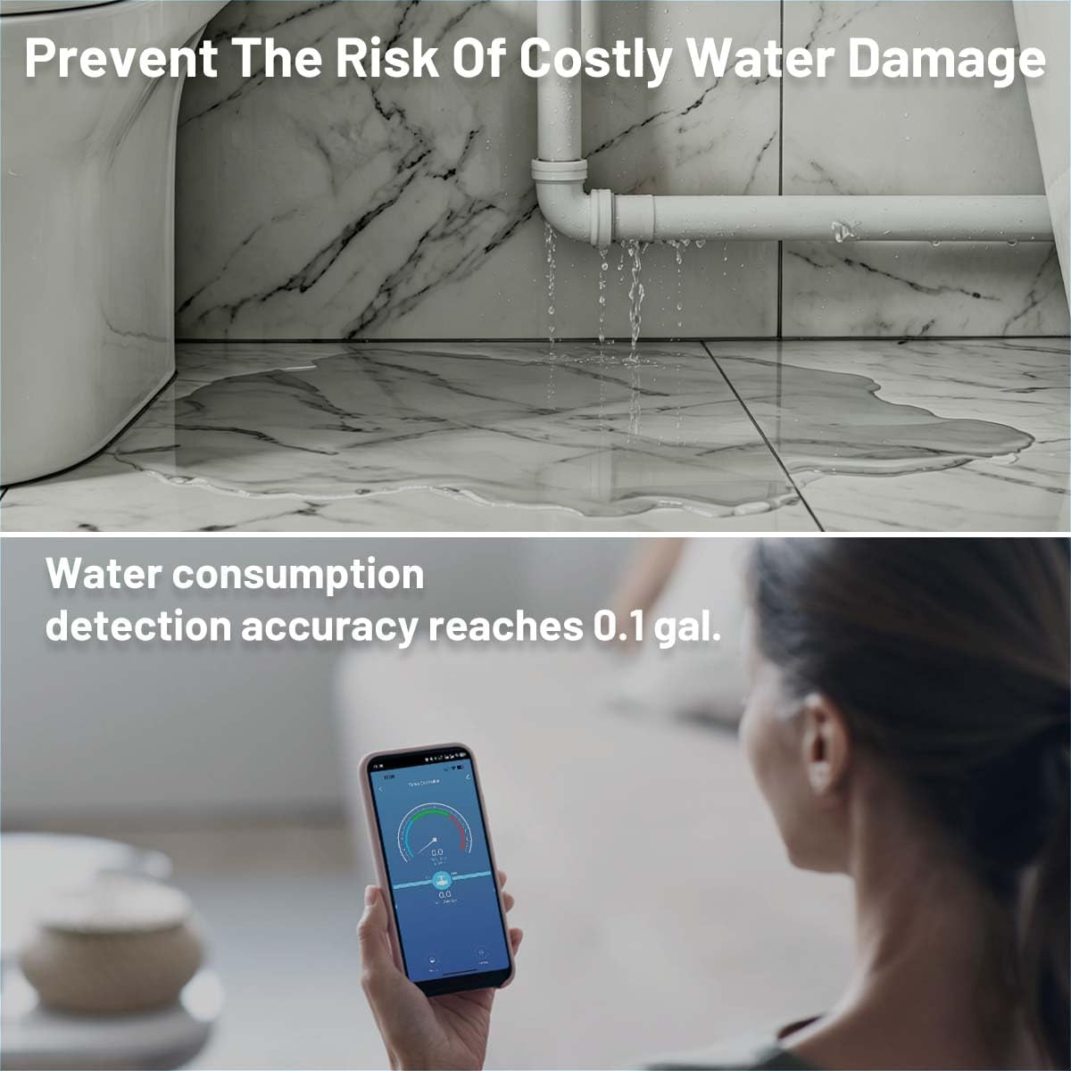 Smart Water Valve, 0.1gal/min Water Flow Monitor Alarm, GreenVation Water Flow Meter, Water Shut Off Valve for Home, WiFi Connected, Water Usage Reports